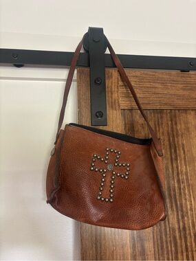 Two Bar West Brown Studded Cross Leather Shoulder Bag